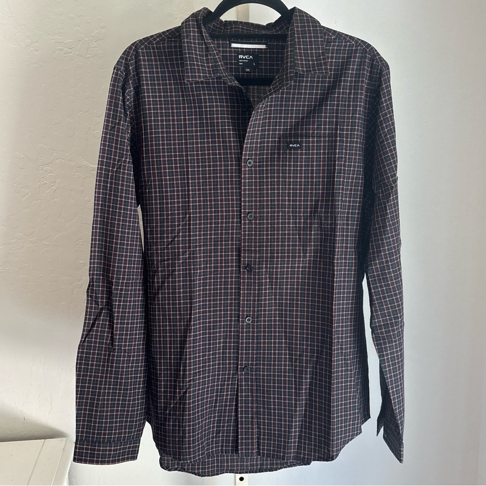 RVCA Black Slim Fit Grid Print Long Sleeve Button up Collared Shirt, L